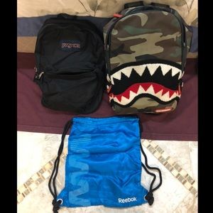 Spray ground and Jansport bookbags with Reebok bag